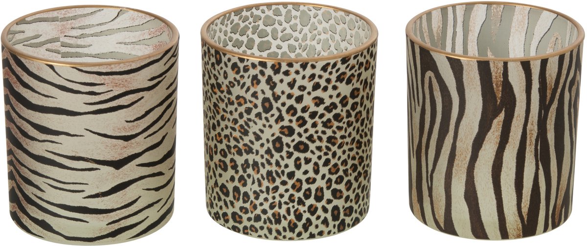 J-Line windlicht Wild cilindervormig - glas - camel/zwart - small - assortiment van 3