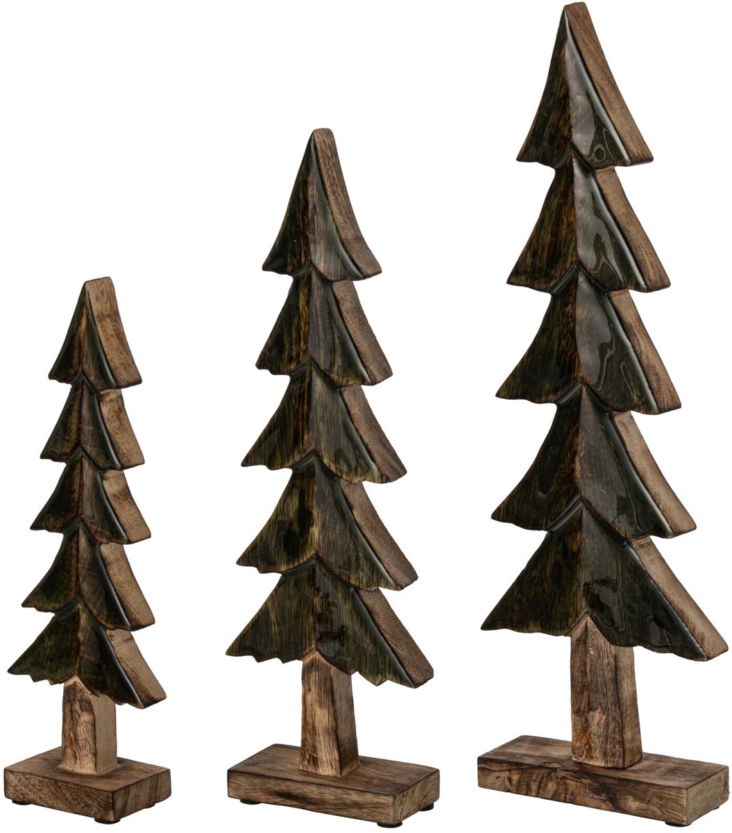 J-Line Glanzende dennenbomen op voet - mangohout - groen/naturel - set van 3