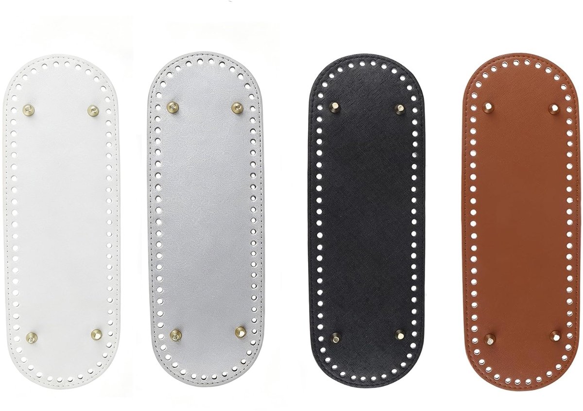 Set van 4 ovale tassenbodems voor haakwerk (beige, bruin, zwart, zilver) – Leren tashengsels & houten bodems voor haakmanden – Brei- en haakaccessoires