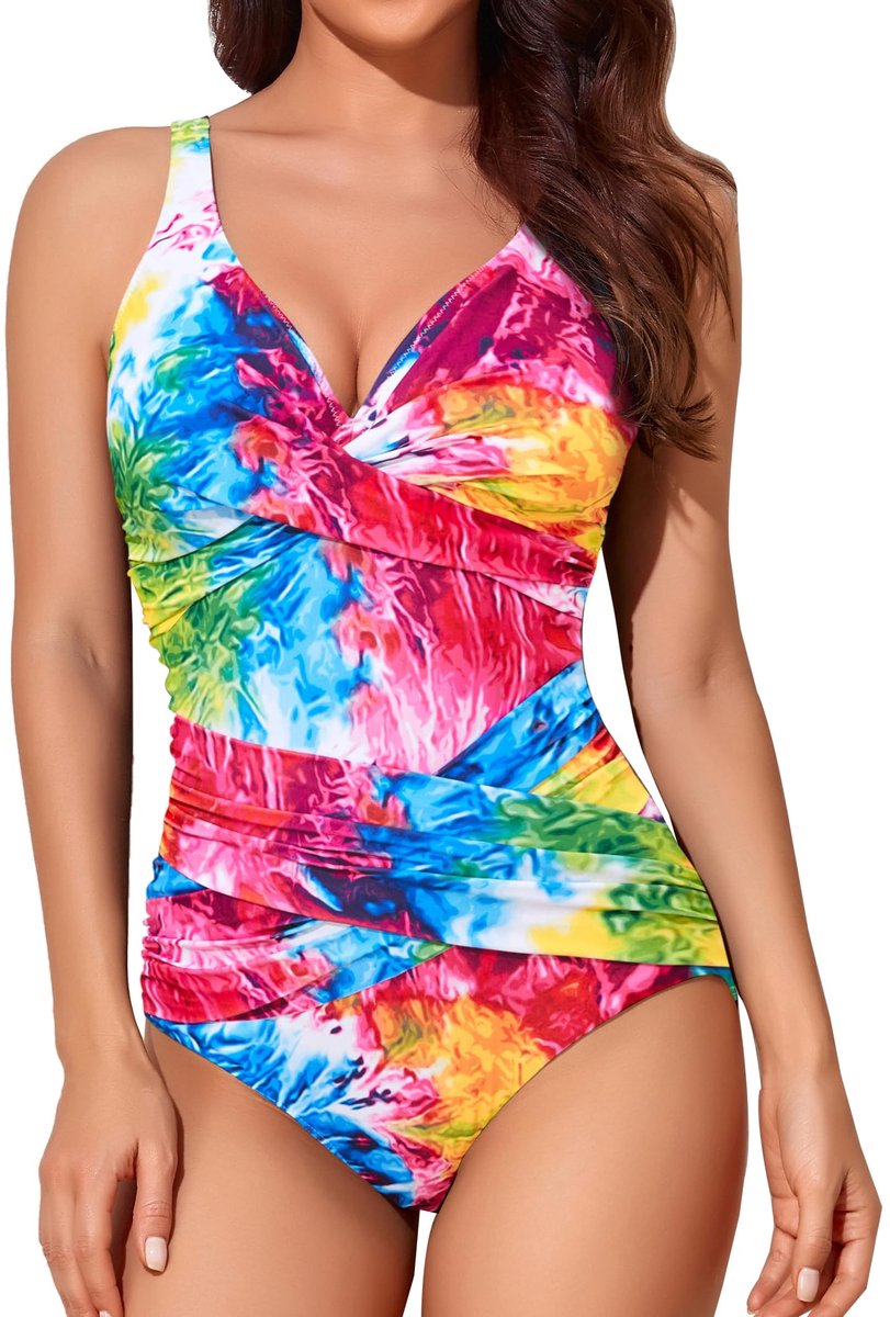 Badpak voor dames, buikcorrigerend, afslankend, push-up, schuimvulling, ruches, retrostijl, vintage