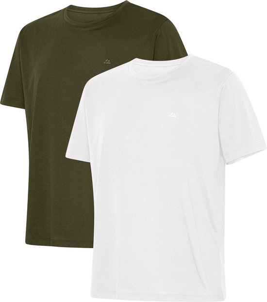 Twee sportshirts, één in olijfgroen en één in wit, met korte mouwen en ronde hals.