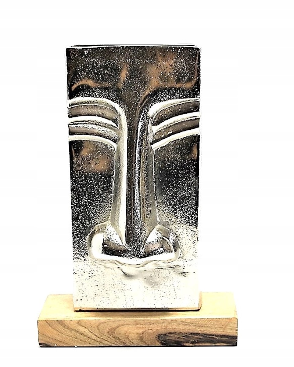 Metalen Vaas met Gezicht - 27,5 cm - Zilver & Hout