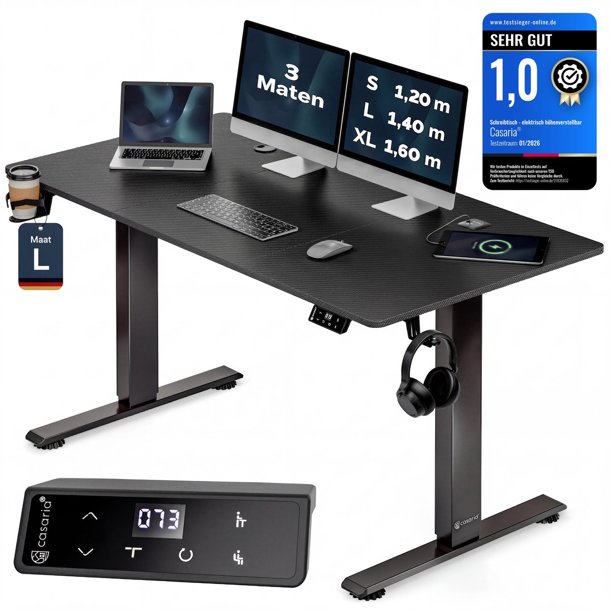 Casaria Elektrisch Verstelbaar Gamingbureau 140x70 cm USB-C/A