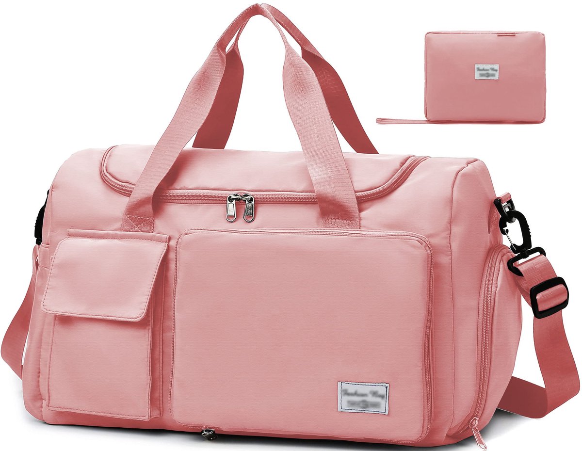 Opvouwbare Sportbag Dames, Grote Capaciteit Sporttas met Schoenenvak en Vochtige Vak, Weekendtas Droog Nat Gescheiden Draagtas, Lichtgewicht Waterdichte Handtassen Gym Bag, Roze