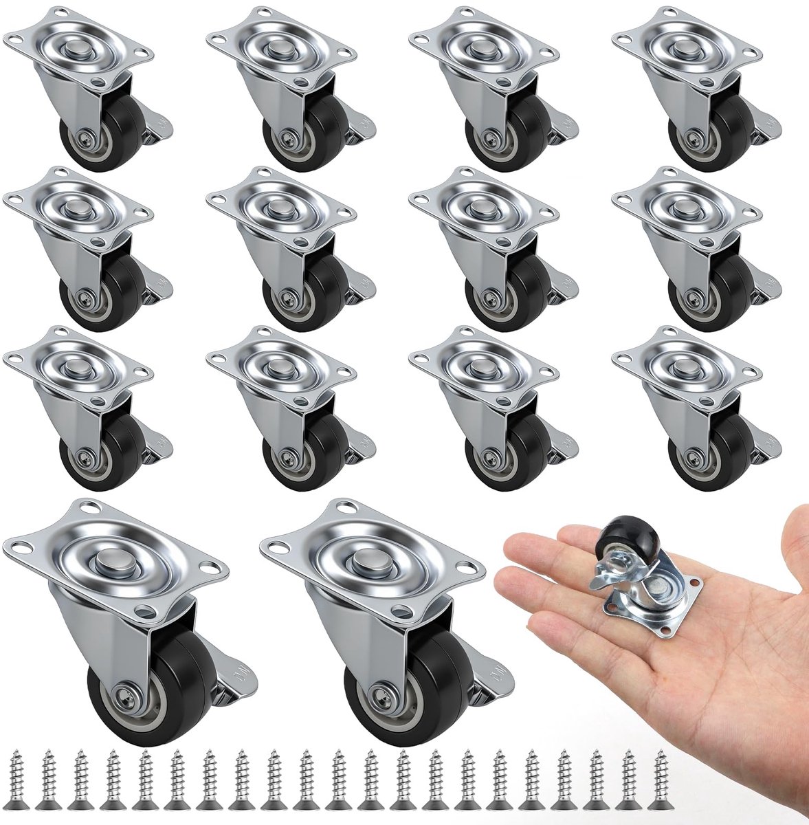 14 stuks kleine meubelwieltjes 23 mm, 360° draaibare wieltjes voor meubels, geruisloze wieltjes met rem Geschikt voor meubels, kisten en transportwagens