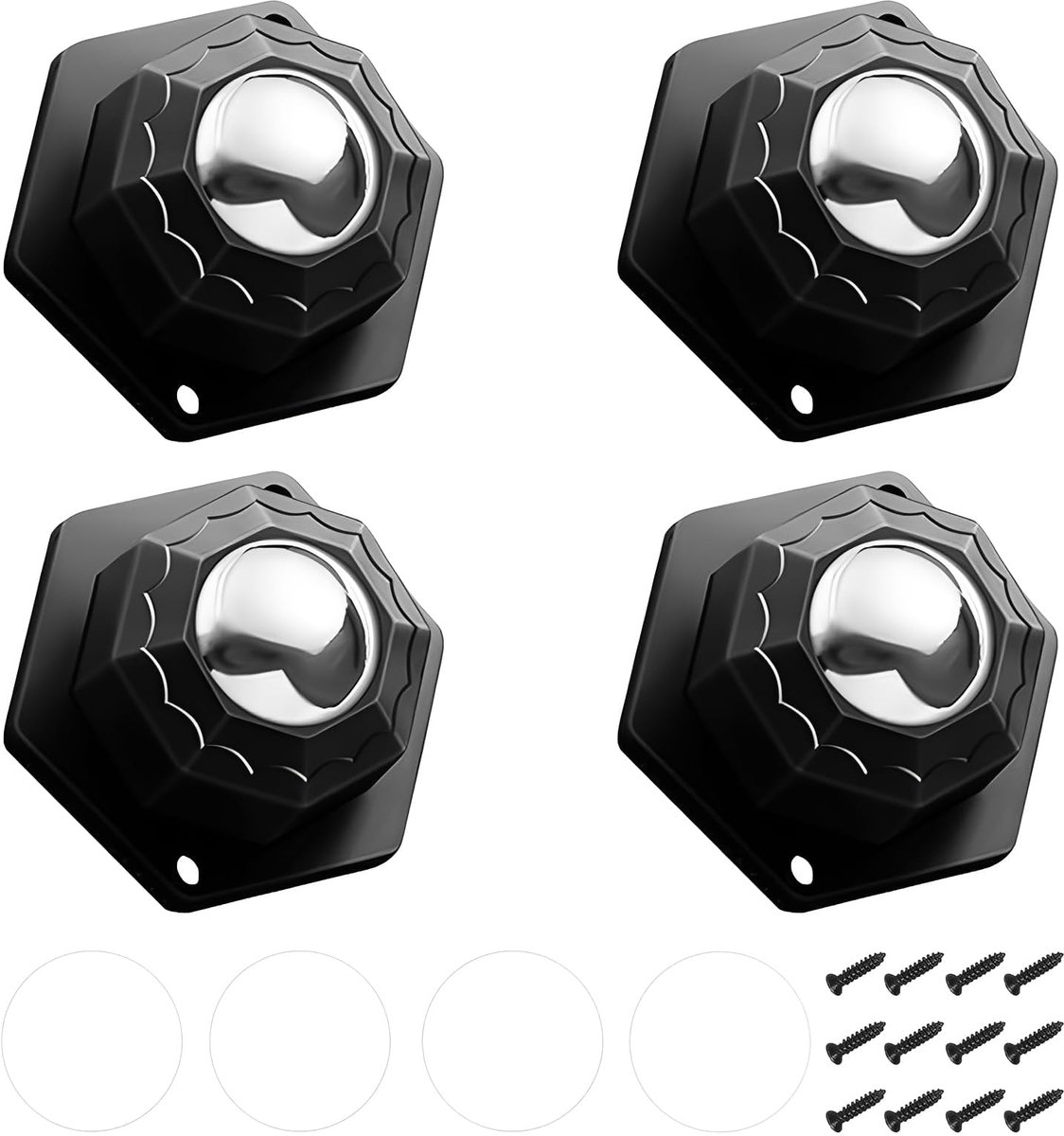 4 stuks kogelrollen voor meubels, 360° draaibare rollen voor keukenapparaten, zwarte zelfklevende mini-rollen, met 12 schroeven en 4 zelfklevende pads, voor vuilnisemmers, trays en