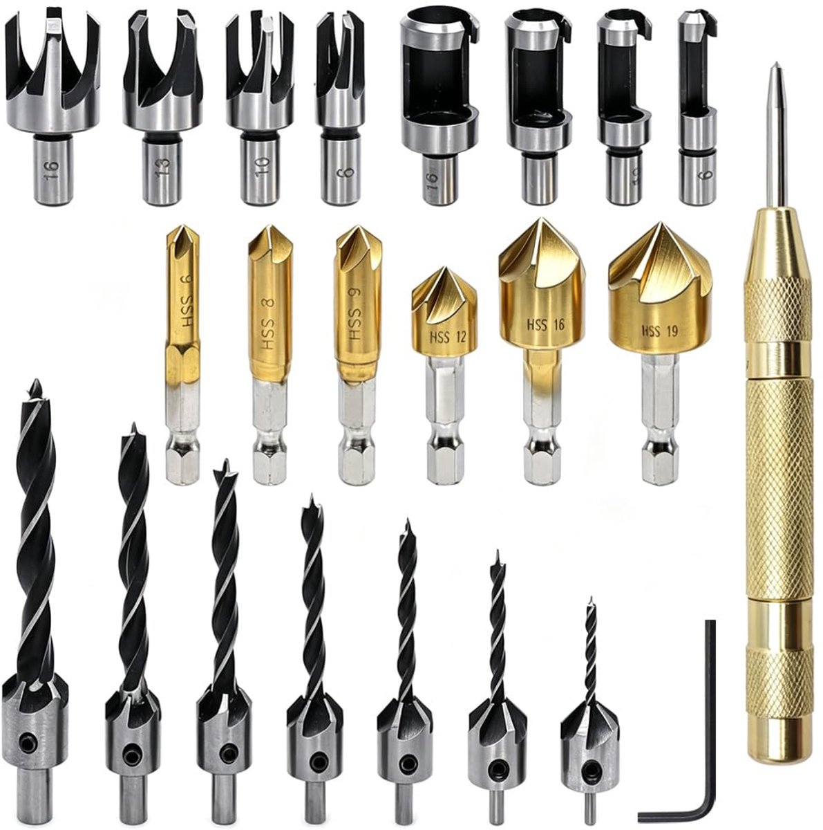 23 stuks kegelverzinkbitset, houtbewerking, boorgereedschap, bevat 6 x kegelboor, 7 x driepuntsboor, 8 x houtpluggensnijder voor houtboren