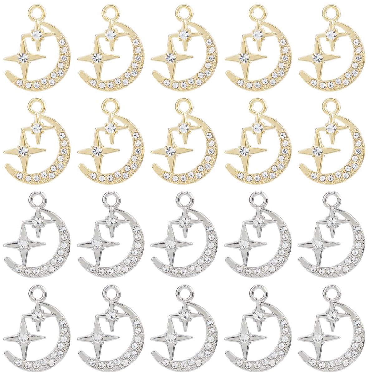 60 stuks 2 kleuren maan ster charme hemelse hangers legering strass hangers kubieke zirkonia maan diamant charme bengelen charme hanger voor doe-het-zelf sieraden maken, Legering+Strass