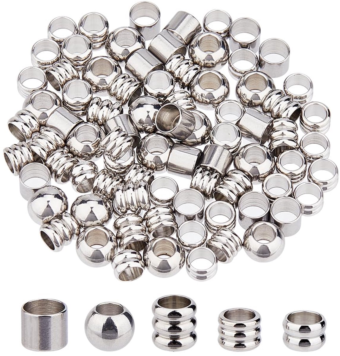 80 stuks 5 stijlen antieke zilveren Europese kralen groot gat kolomkralen roestvrij stalen kralen metalen haarkralen voor vlechten metalen buis ronde kralen voor doe-het-zelf sieraden maken