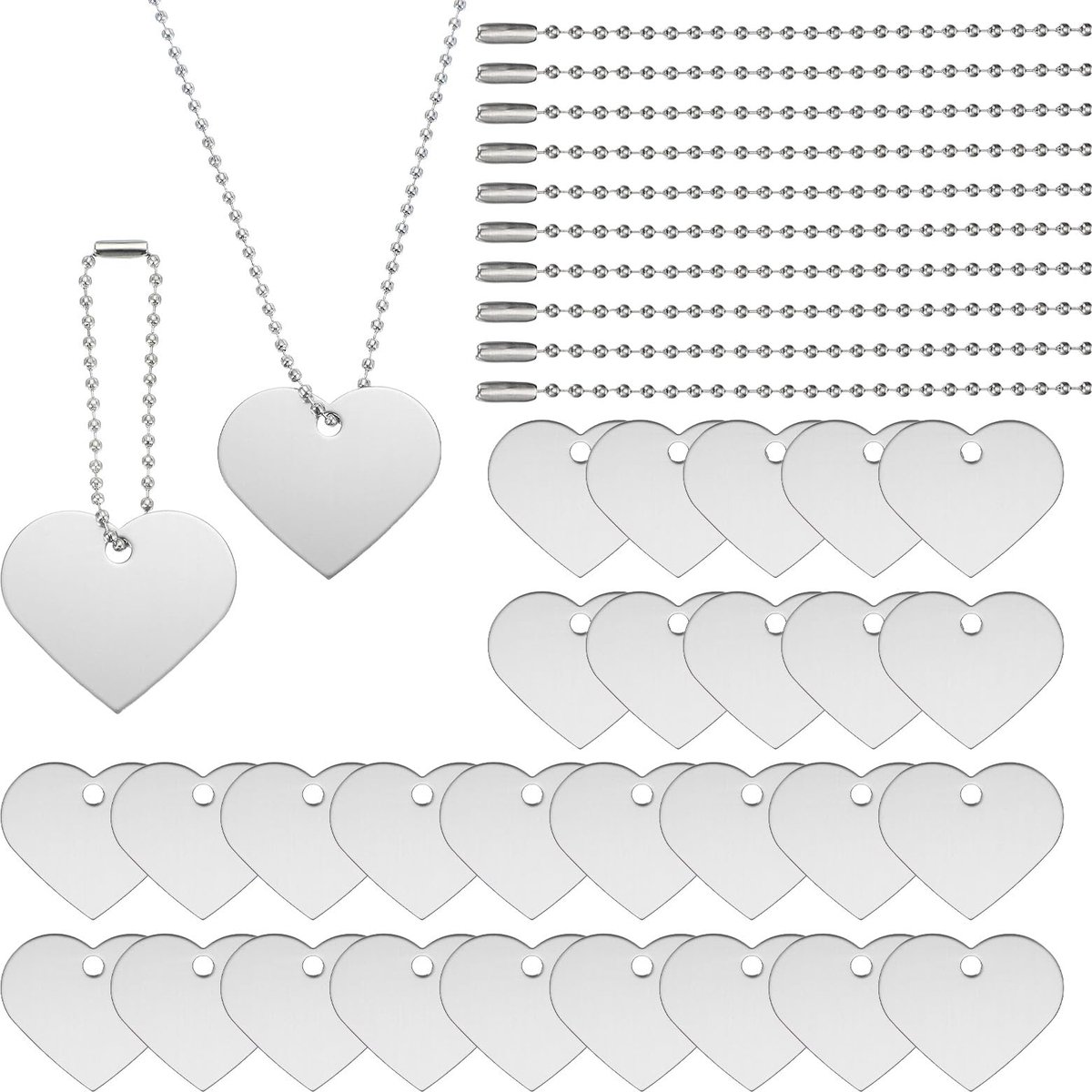 30 stuks lege metalen stansetiketten, hartvorm, gegraveerde etiketten, aluminium huisdieretiketten met parelketting, lasergravure, blanco voor doe-het-zelf handwerk, decoratie, zilverkleurig