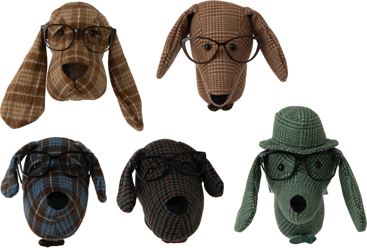 J-Line Hondenkop met bril en ruitmotief - polyester - multikleur - assortiment van 5
