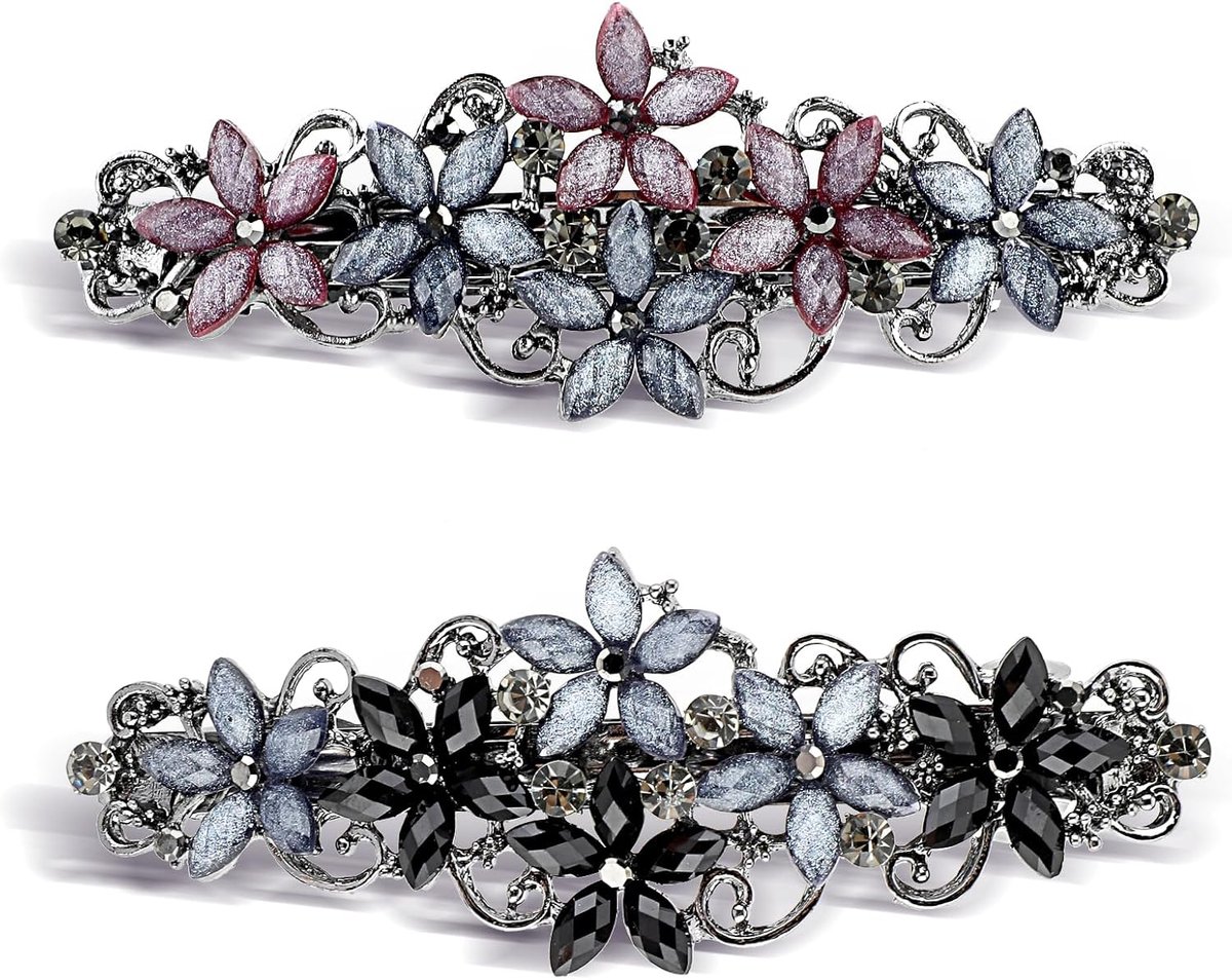 Haarspelden voor dames en meisjes, haarspeld met kristallen bloemenclip, glitter, prachtige haaraccessoires, Franse stijl, vintage haaraccessoires (roze en blauw/zwart en blauw
