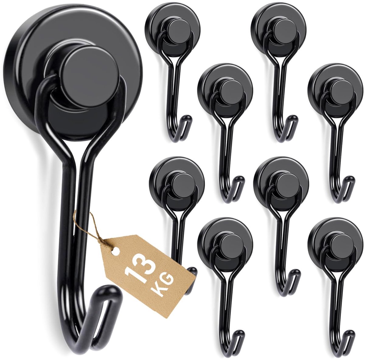 Haken, 13 kg, extra sterke magnetische haken voor cruise en camping, zwarte neodymium magneten met haken voor koelkast, keuken, garage, kantoor, klaslokaal en grill (20 mm) - 9