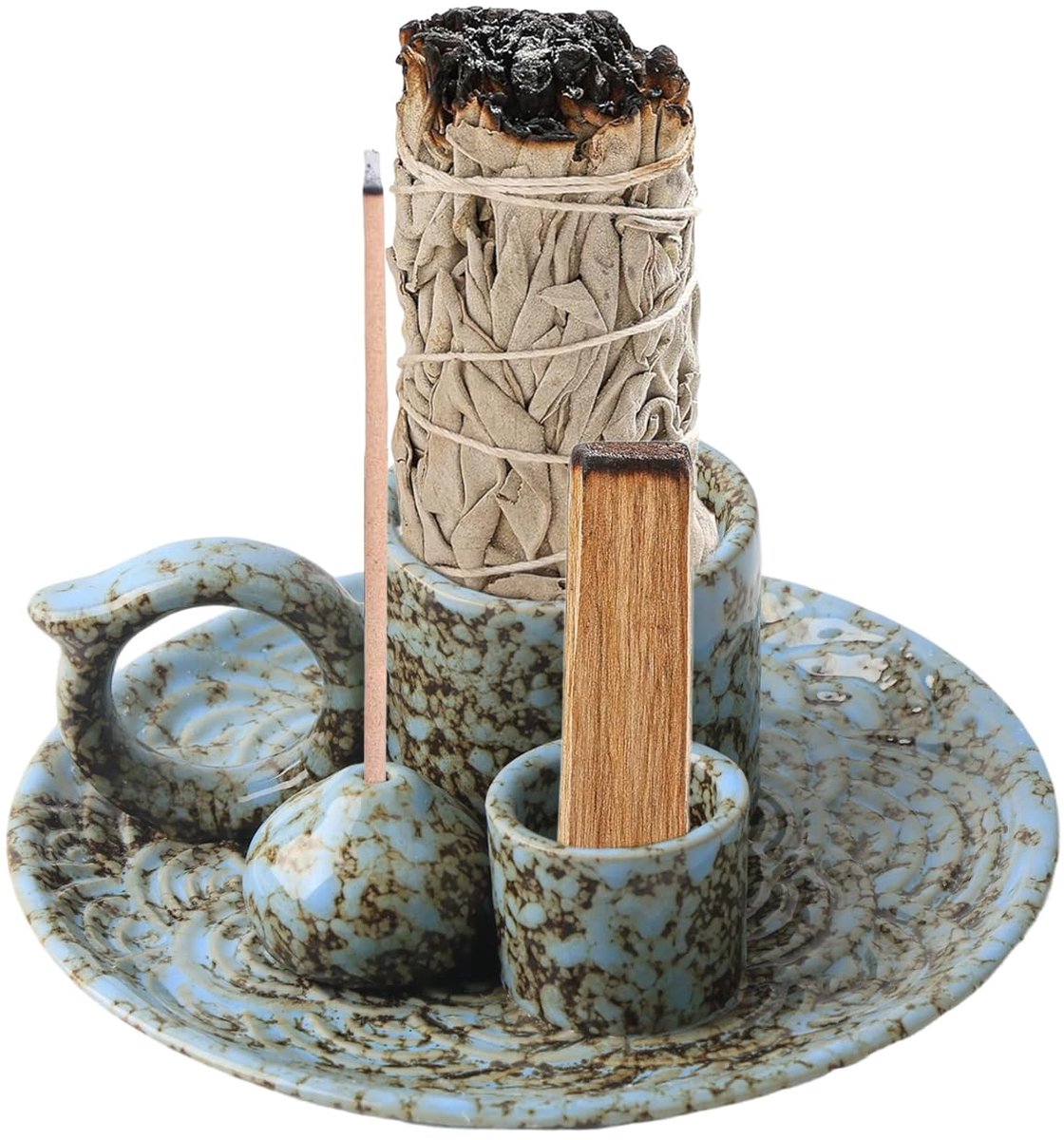 4-in-1 wierookhouders, keramische multifunctionele wierookbranderhouder, dienblad met handvat voor meditatie, thuis, ontspanning, brandende salie kaars, insense kegels, palo Santo