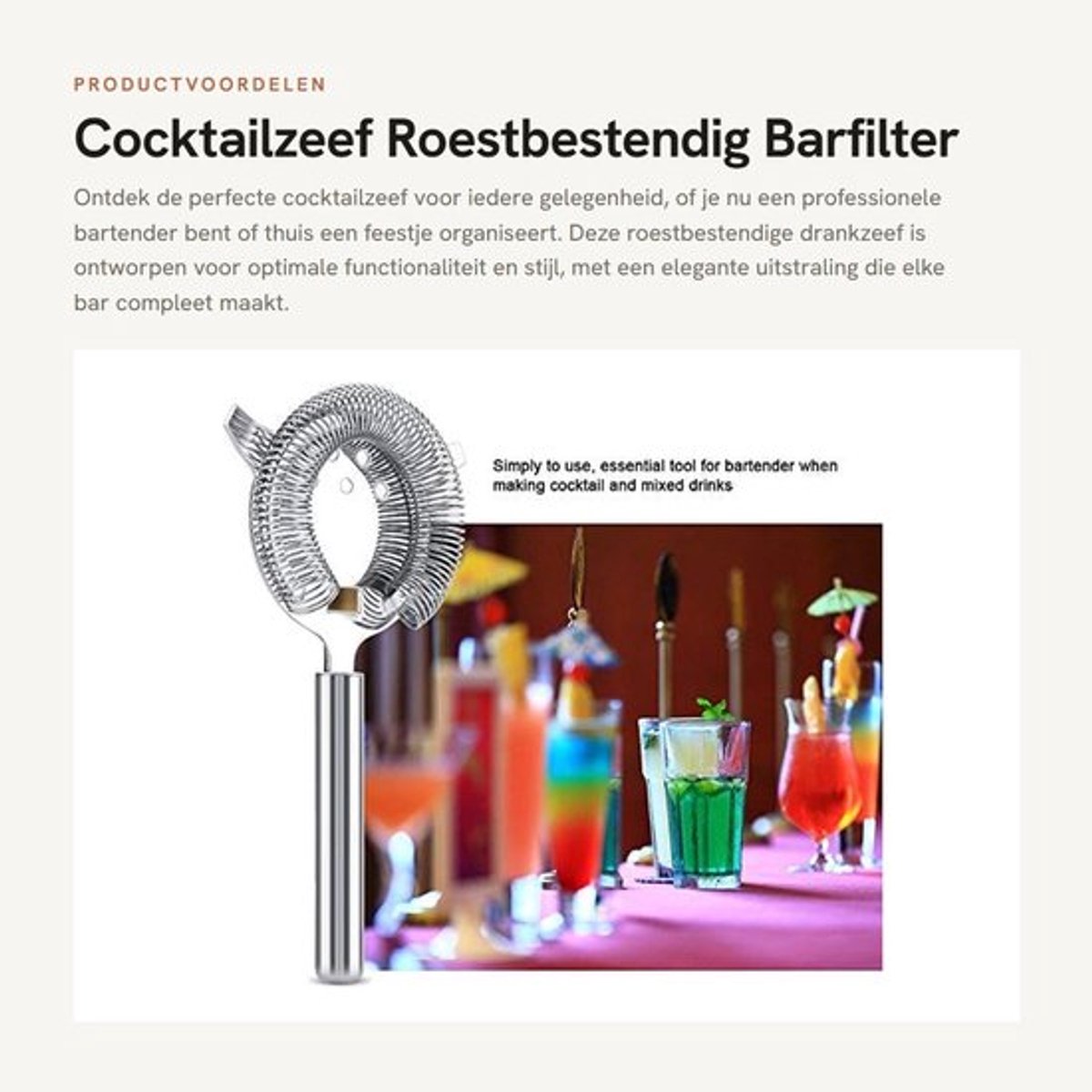 Cocktailzeef Roestvrij Staal - IJsfruitscheidingsfilter - Elegante Drankzeef - Vaatwasmachinebestendig - Ideale Maat 19,7 x 10,4 cm - Veilig voor Eten - Barzeef
