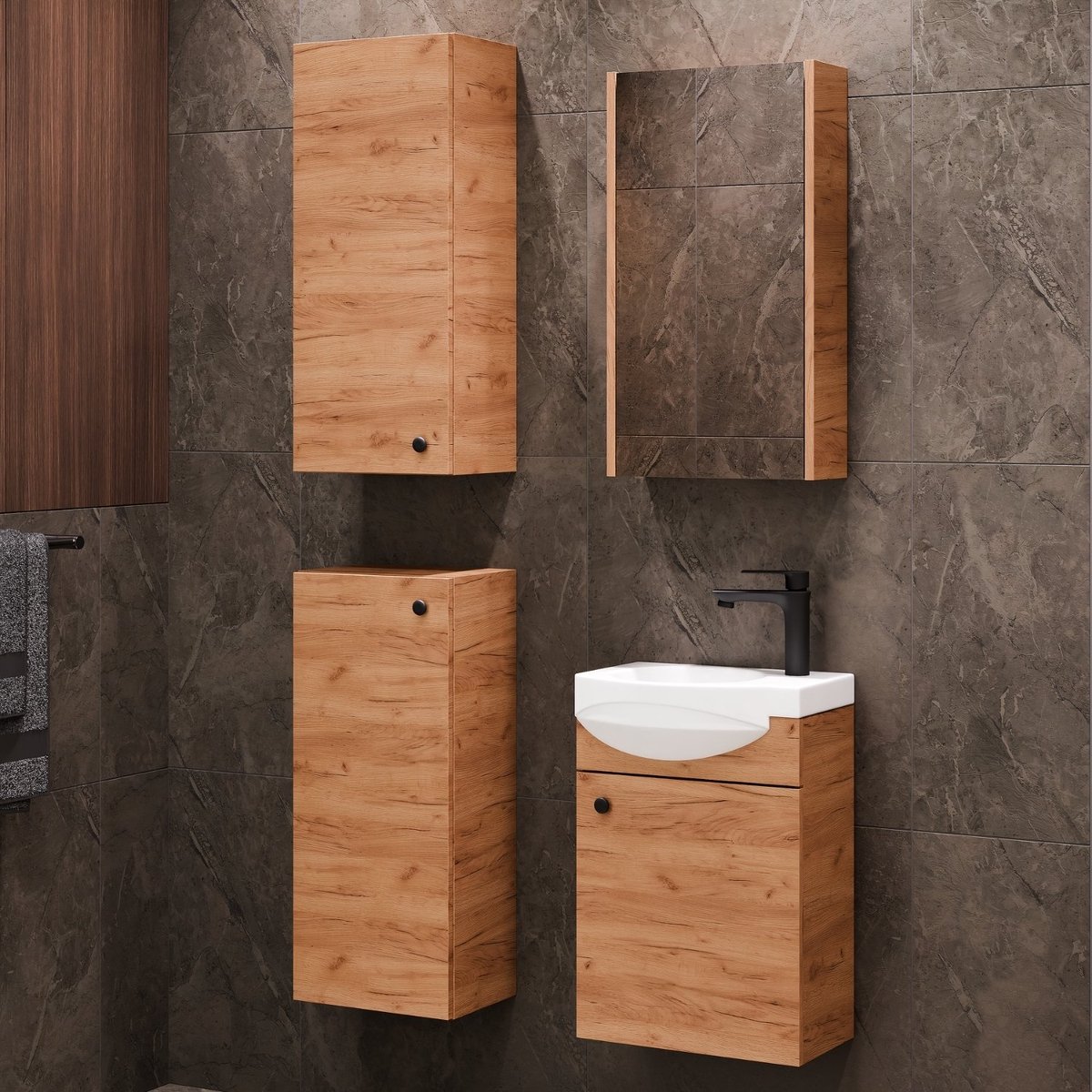 Planetmöbel - Badkamermeubelset 40 cm - Gold eiken - Met spiegelkast - 2x Midikast - Softclose
