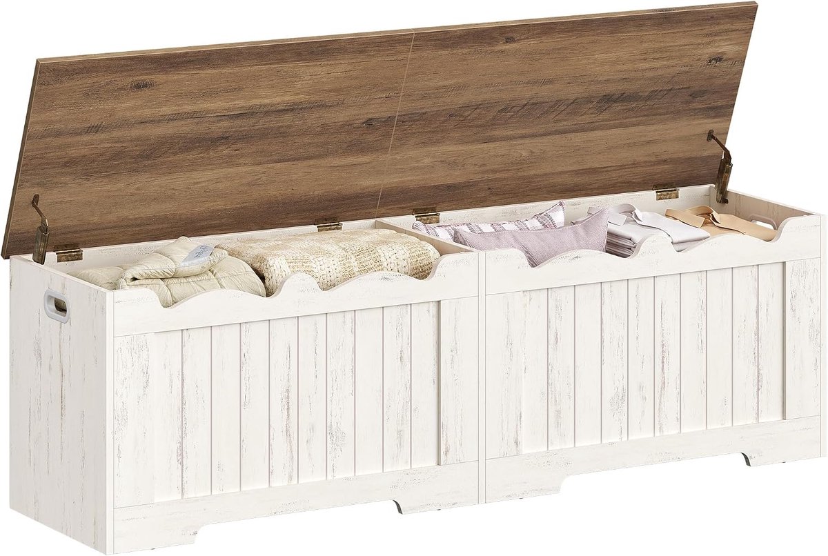 Hzuaneri Opbergkist met 2 veilige scharnieren, 150 cm, wit en bruin,SB01514X Opslagbank, Houten Opslagorganizer, Schoenbank voor Entryway, Slaapkamer, Woonkamer