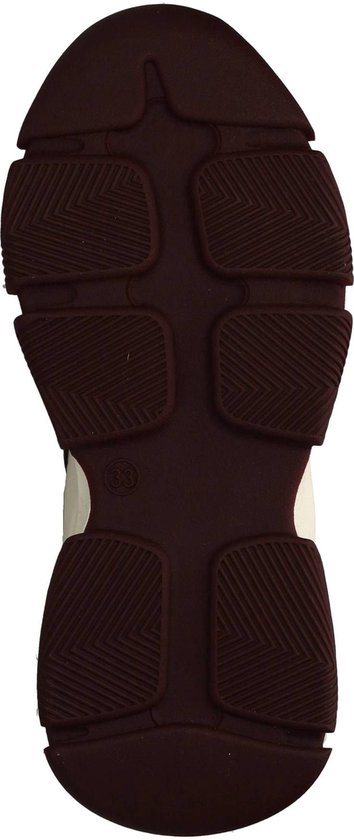 Onderkant van de bordeauxrode sneakerzool met profiel en maat 33 aanduiding.