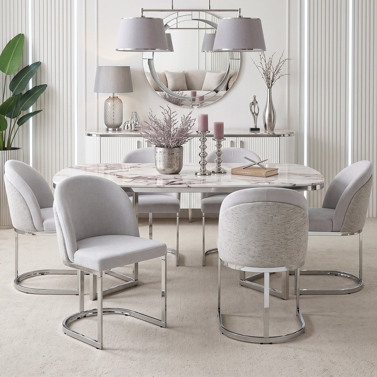 Clruro Eetkamerstoelen - 6 Stuks - Dubbele Rugleuning - Chenille en Metaal - Lichtgrijs/Zilver
