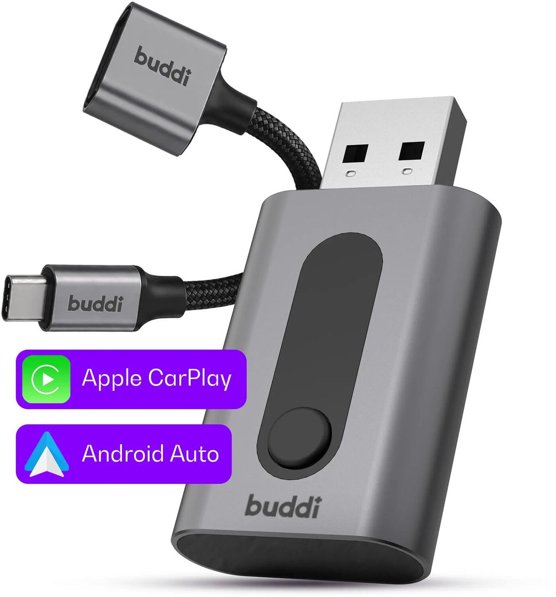 Buddi Play 3 Bluetooth Apple CarPlay & Android Auto Adapter - Makkelijk switchen tussen telefoons - USB-C & USB-A - WiFi 6 - Bluetooth 5.4 - 5GHz - Plug & Play - Zwart
