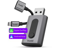 Buddi Play 3 Bluetooth Apple CarPlay & Android Auto Adapter - Makkelijk switchen tussen telefoons - USB-C & USB-A - WiFi 6 - Bluetooth 5.4 - 5GHz - Plug & Play - Zwart