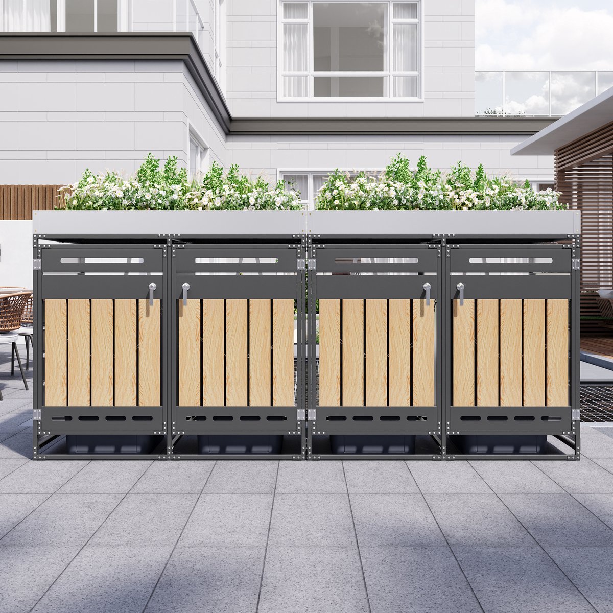 Mülltonnenbox Met Pflanzkast - 4-Vaks - 262 X 79 X 120 Cm - Metaal - Zwart - Afvalopslag Voor Tuin En Terras - Afsluitbaar