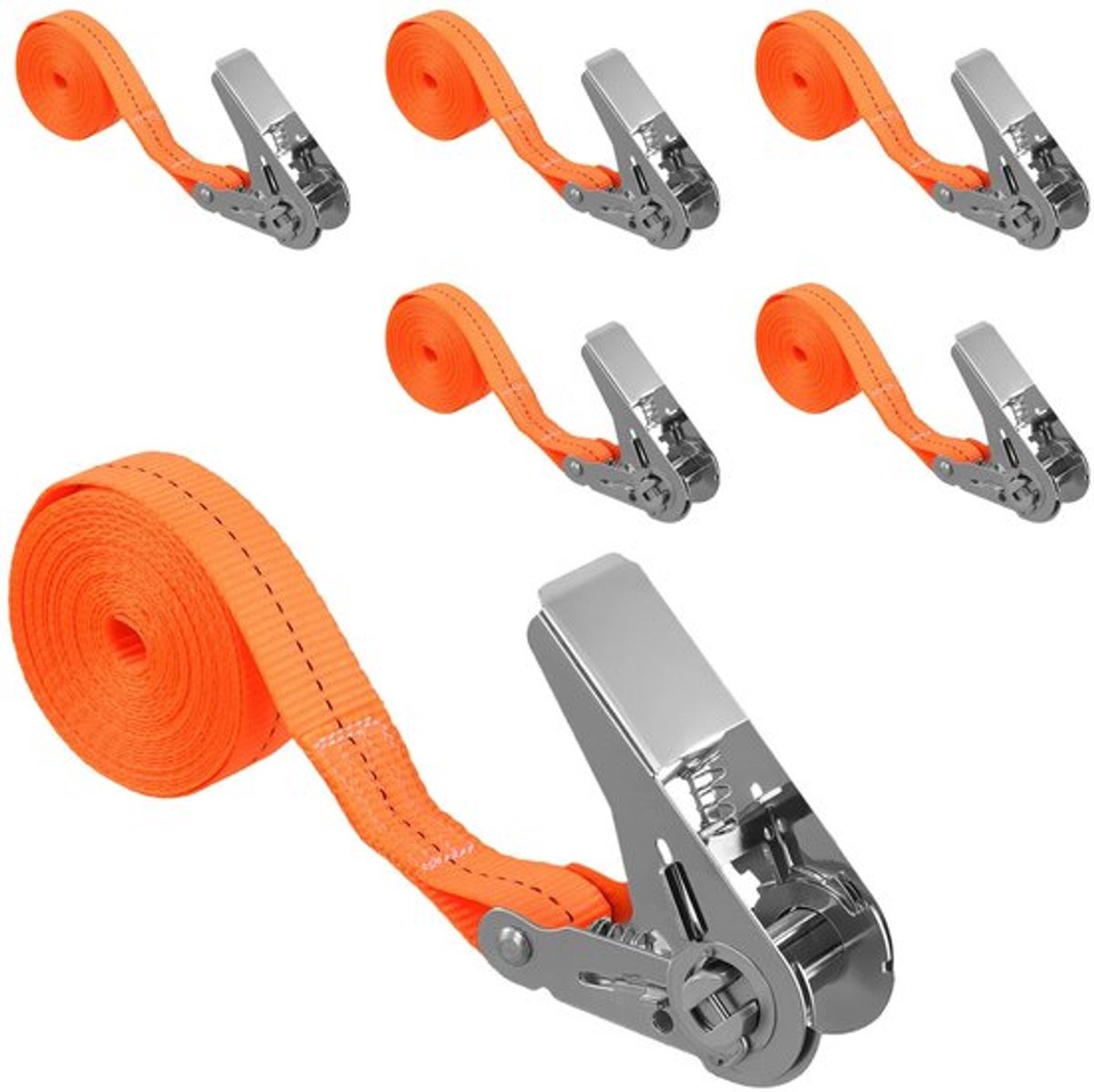 Spanbanden met ratel - Sjorbanden - 6 stuks - 2,5 cm x 4 m - Oranje - Robuuste ratelsluitingen van verzinkt staal