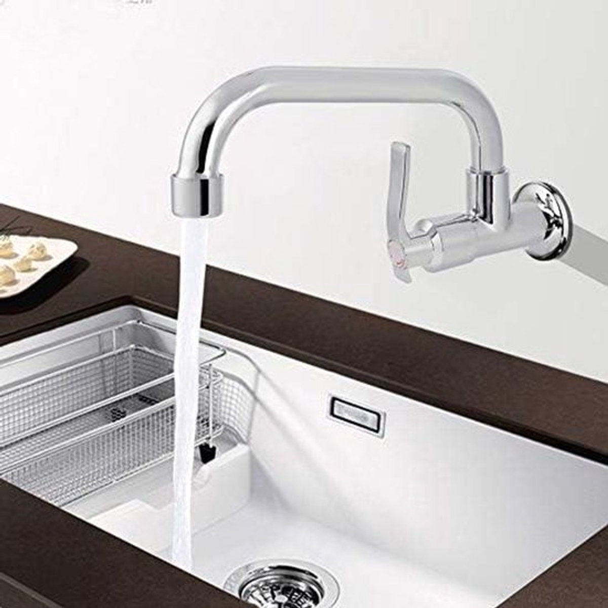 Wandgemonteerde Enkele Koudwaterkraan - Thuiskeuken - Messing Behuizing - Roestvrijstalen Buis - Geschikt voor Keuken - Zilver 1/2 25cm