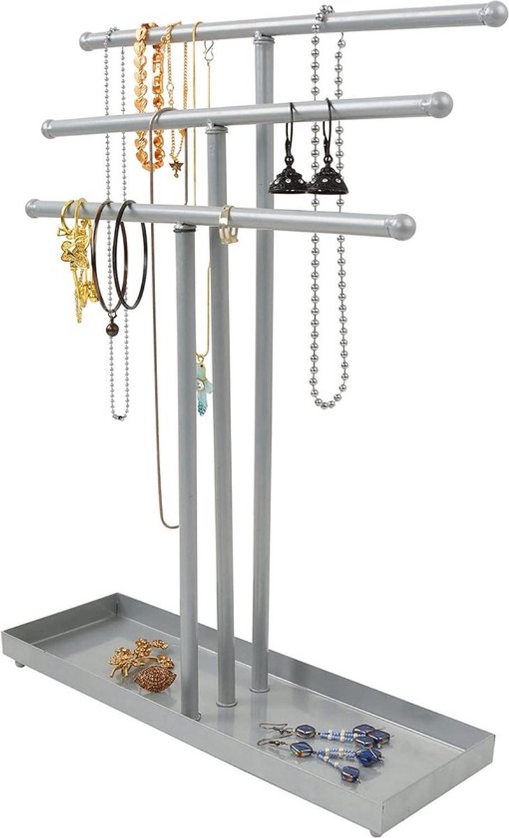 Sieraden Displaystand en Opslagtrayhouder – Tafeltop Sieraadboom Organizer – Geschikt voor Kettingen, Armbanden, Ringen, Horloges en Oorbellen – Zilverkleurig Metaal, 3-Laags – Sieradenhouder – Decoratief – Compact opbergrek