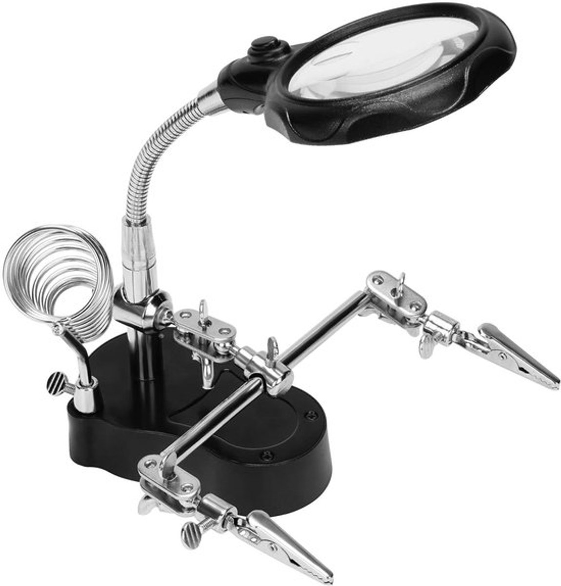 Derde Hands Solderen Station - Vergrootglas - Led Verlichting - Elektronica Reparatie - Geschikt voor Sieraden - Zwart - 3,5/12x Vergroting Lens - Verstelbare Armen - Soldeerbouthouder.