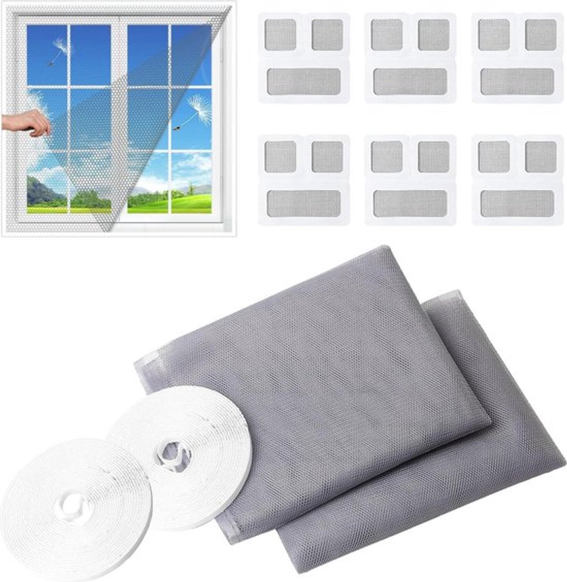 Onzichtbare vliegenschermen - Ramen grijs - Muggennet - 130 x 150 cm - Insectengaas - 6 stuks vliegengaas - Raamreparatie - 2 rollen linten