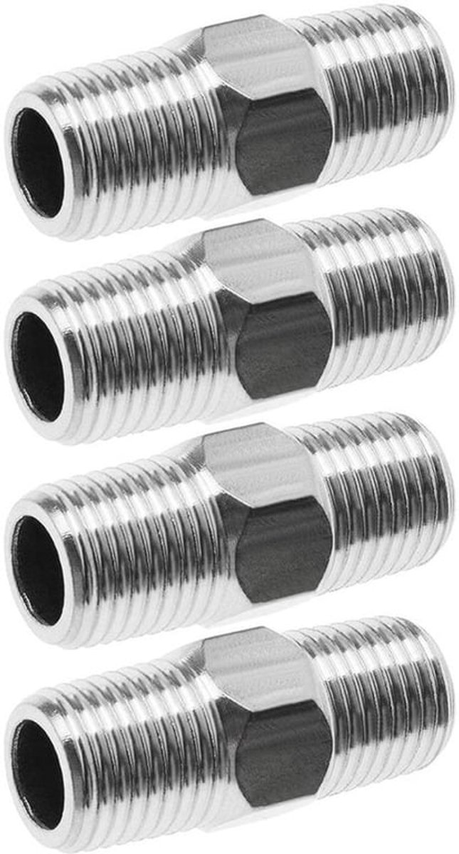 Pijp Montage - RVS - Zeshoek Tepels - Air Water Pipe - Quick Release - Externe Draad - Geschikt voor Air Line Slang - Roestvrij Staal - 4 stks 1/4 naar 1/4.