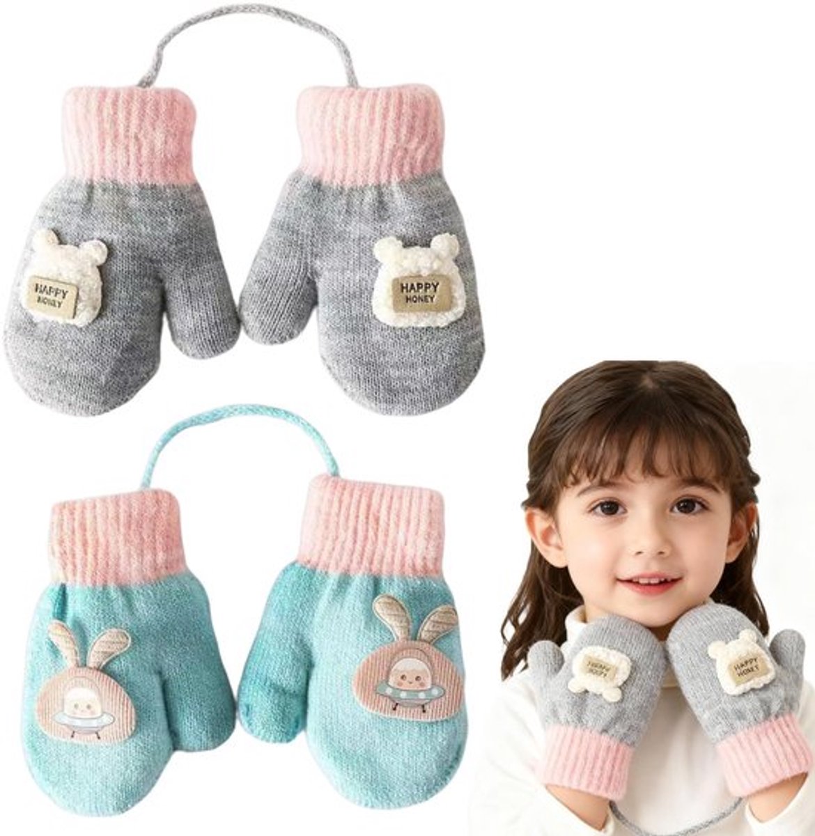 Winterhandschoenen Thermo - 2 Paar Kinderhandschoenen - Gevoerde Wanten - Winddicht - Trekkoord - Voor Meisjes 1-3 Jaar