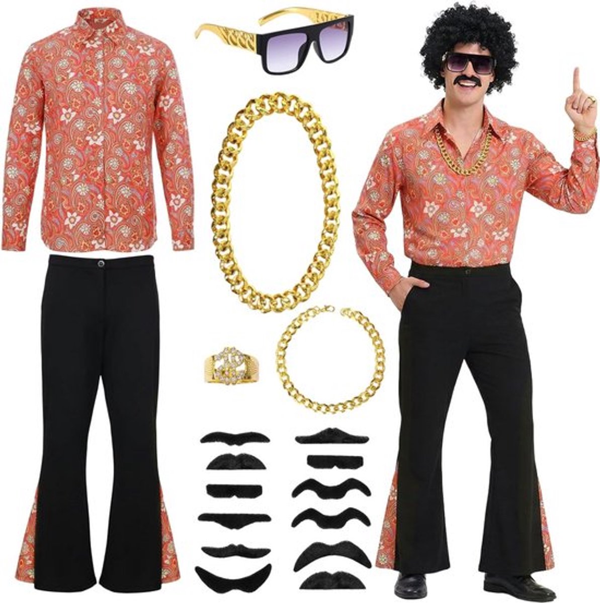 Hippie Kostuum Set voor Mannen met 18 Stukken - 70s Disco Outfit voor Raveparty en Carnaval