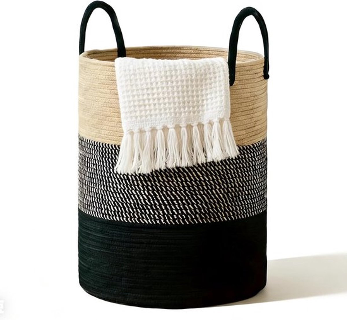 Gevlochten wasmand met handvat, rond en groot 38 x 50 cm, ideaal voor wasverzameling, dekens en speelgoed in woonkamer of wasruimte