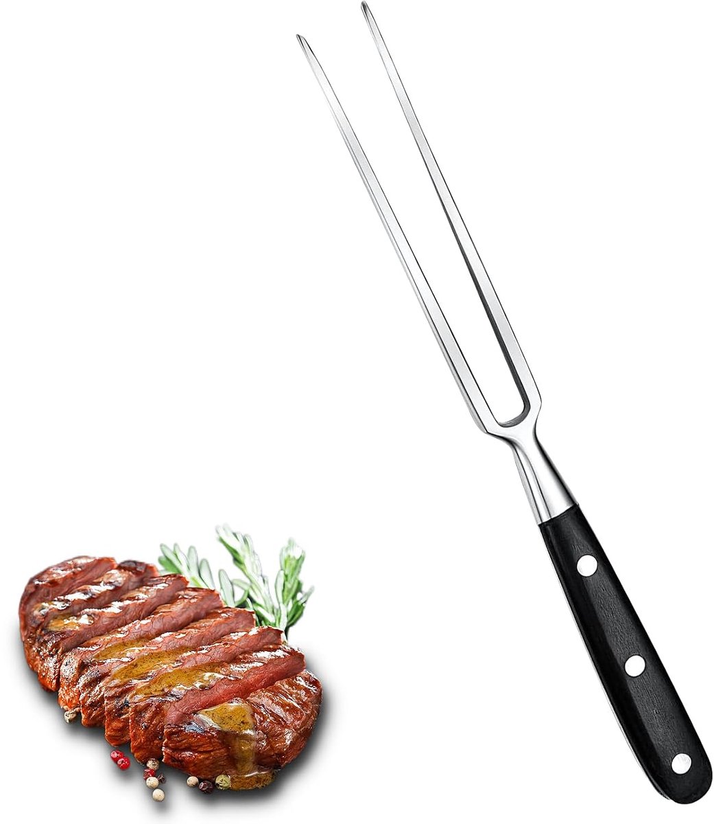 Vleesvork, roestvrijstalen braadvork met houten handvat, 30 cm rechte vork, lemmetlengte 16 cm, harde, roestbestendige vleesvork, groot formaat.