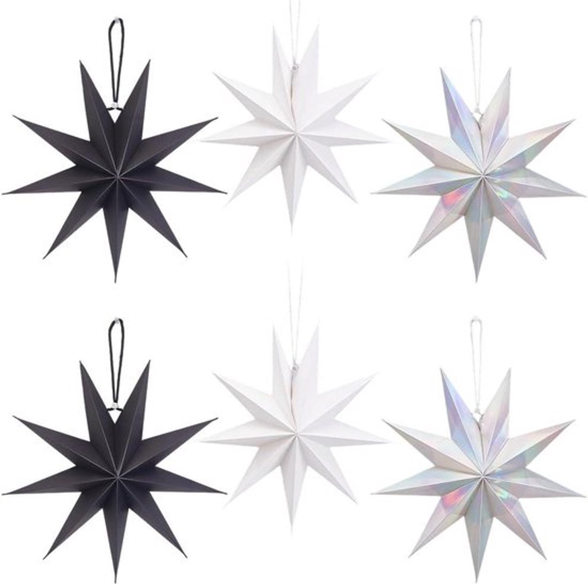 Ster Lampenkap met Negen Puntige Sterren voor Winter Vakantie en Kerst - Set van 6 - Papier - Zilver Zwart Wit - Opknoping Lantaarns voor Bruiloft Verjaardagsfeest Home Decor節
