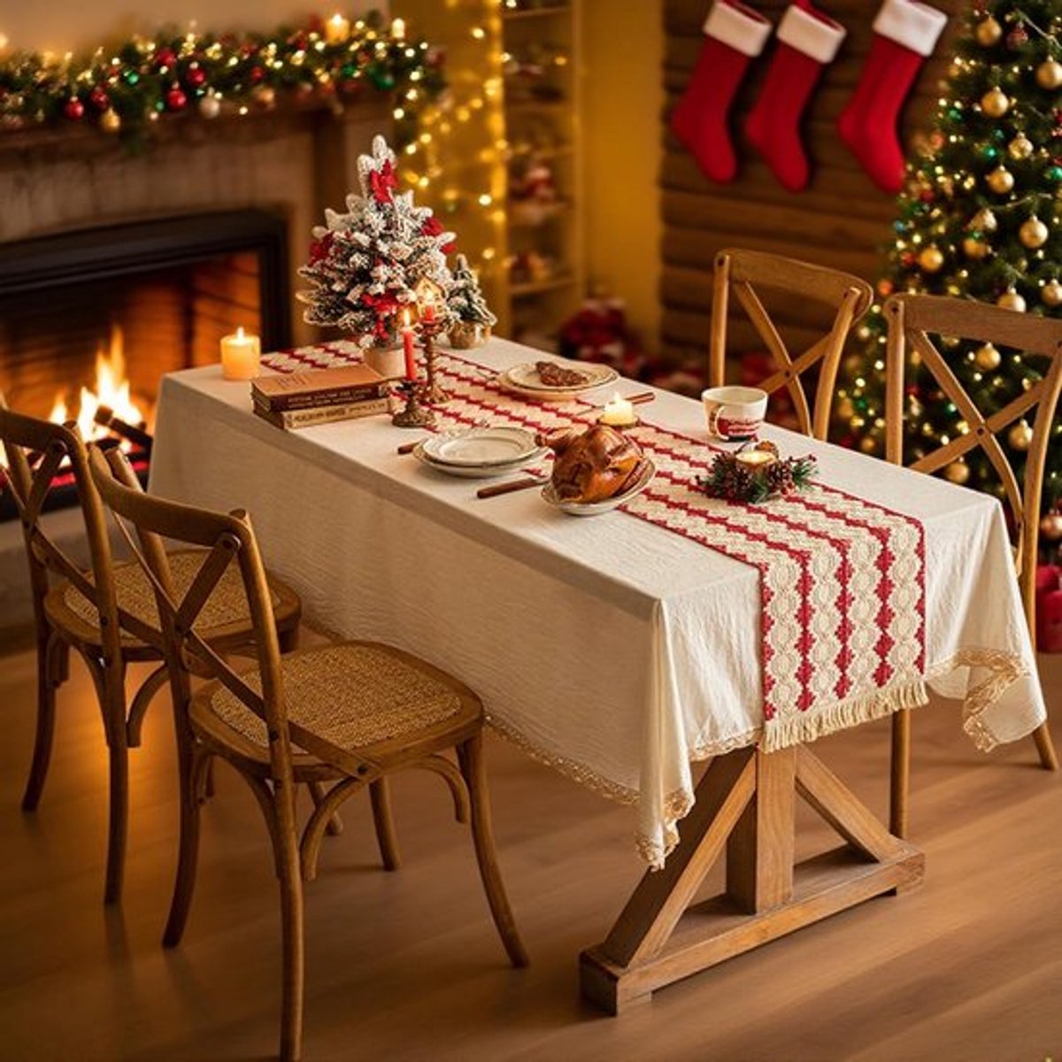 Tafelloper - Wasbare tafelloper - Multifunctioneel - Rood beige - Kerst decoratie - Eettafel kleed - Bruiloft feest