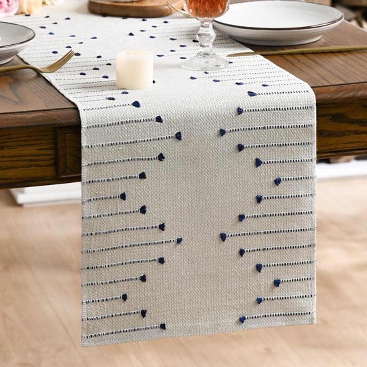 Donkerblauwe Tafelloper met Kwastjes voor Eettafel