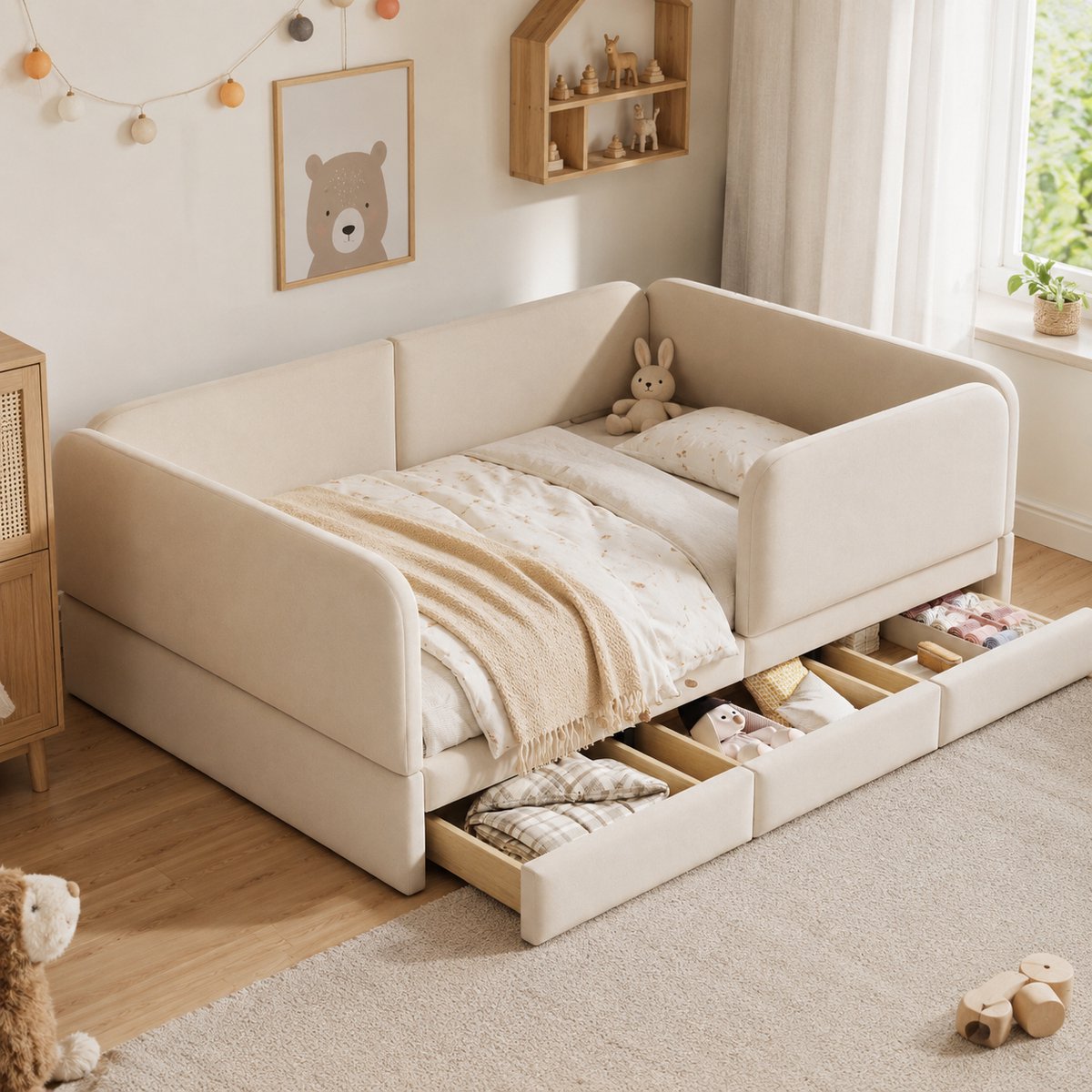 Kinderbed 140x200 cm - Tweepersoonsbed - Gestoffeerd bed - Opbergbed - Met veiligheidsreling - Met opbergruimte - Fluwelen stof - Stabiel & duurzaam - Zacht en comfortabel - Snel Gemonteerd - Beige