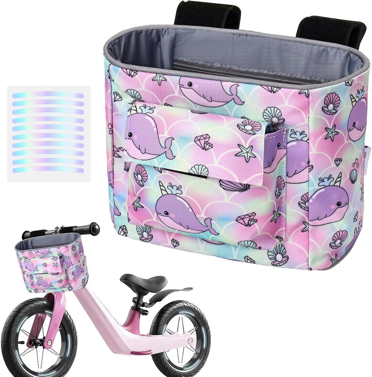 Kinder Stuurtas - Fietsmand Voor - Veilig Vervoeren - Reflecterende Strepen - 19 x 10 x 15 CM - Paarse Walvis