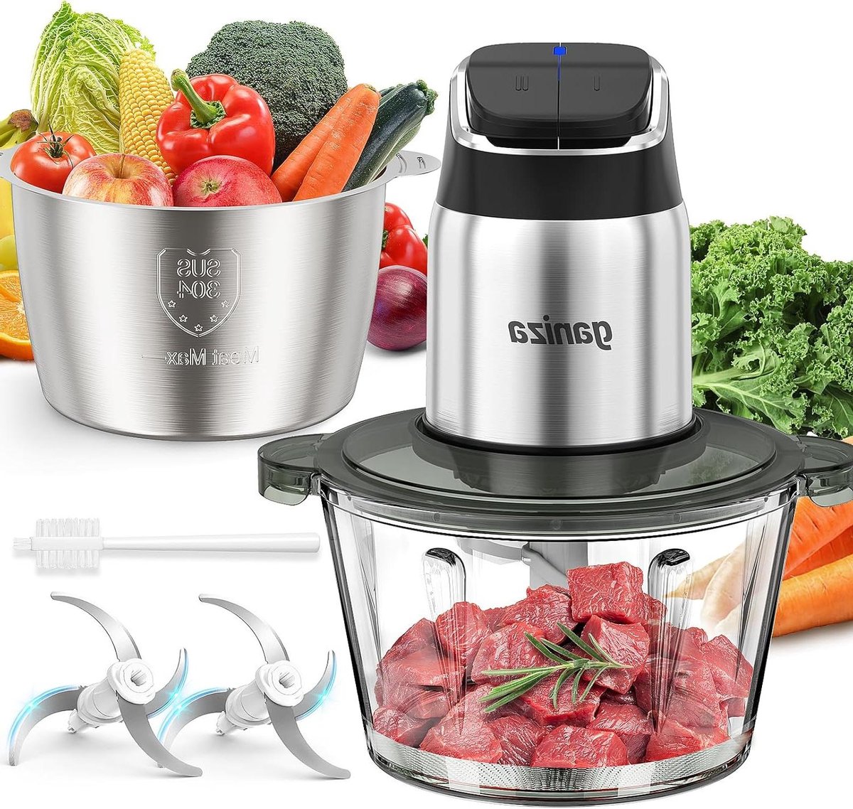 Keukenmachine - Voedselhakker - Eten Bereiden - Dubbele Kom - 8 Kopjes - Zilver