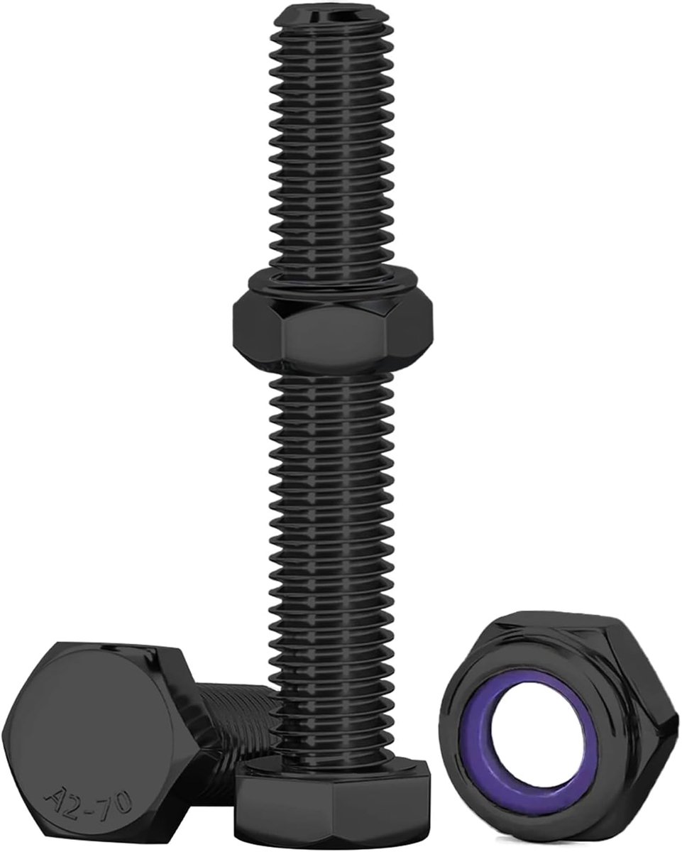 Schroefset met zelfborgende moeren, M10 X 60 mm, bouten en moeren, M10, 10 stuks zeskantschroeven en moeren, set van 10 stuks, roestvrij staal, A2, V2A, zeskantschroeven, set voor machines
