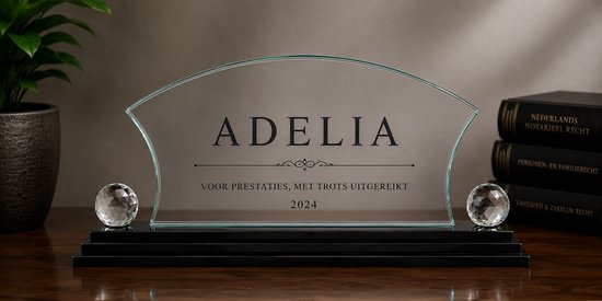 Glazen trofee met de tekst 'ADELIA' en 'VOOR PRESTATIES, MET TROTS UITGEREIKT 2024'.