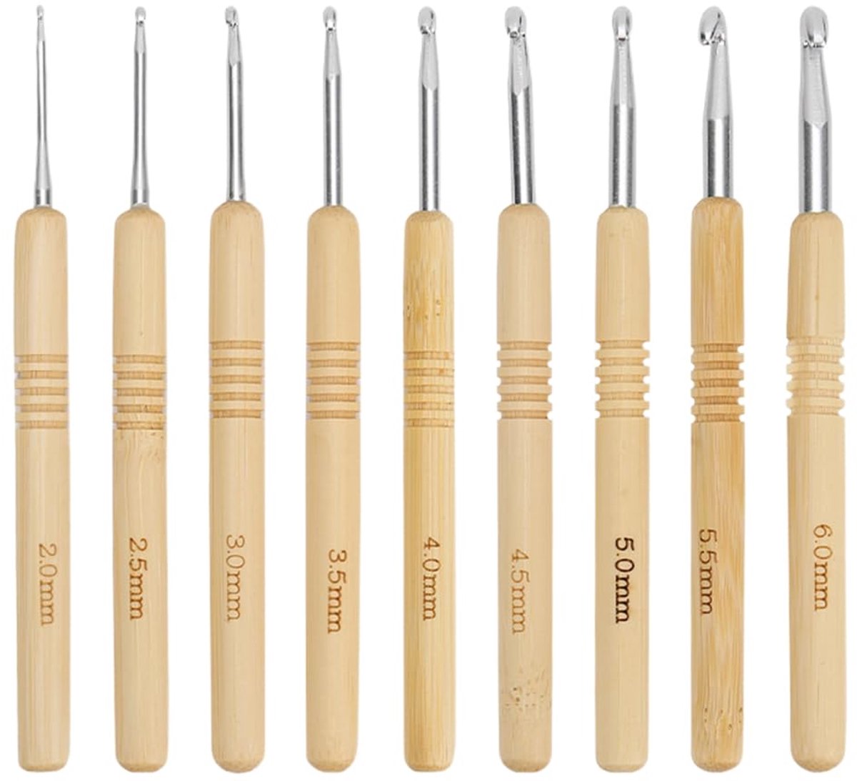 Haaknaaldenset, 9 stuks, starterset voor beginners, ergonomisch houten handvat voor artritische handen, extra lichte breinaalden (2,0-6,0 mm)