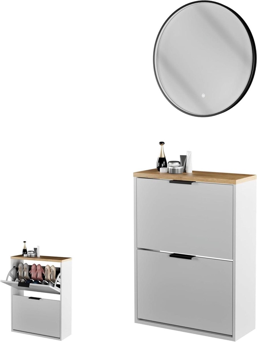 Schoenenkast met spiegel - Opbergkast entree - Hal organiseren - In hoogte verstelbaar - 60 cm breed - Wit grijs