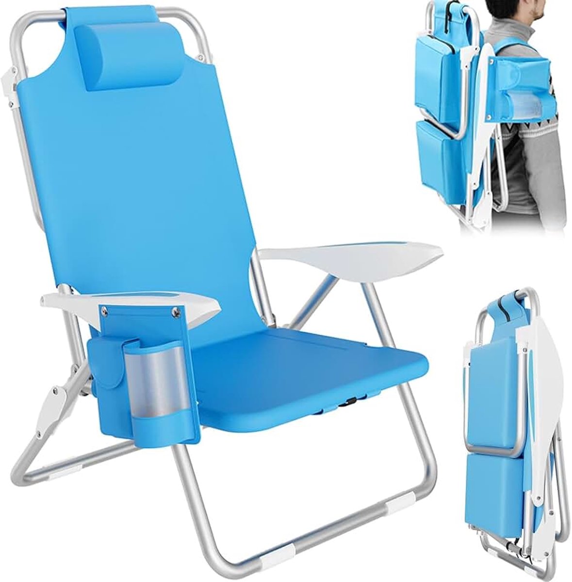 Opvouwbare strandstoel voor het strand, inklapbaar, van aluminium, met tas voor alle voorwerpen, geïntegreerde koeltas en schouderbanden, rugzak (blauw)