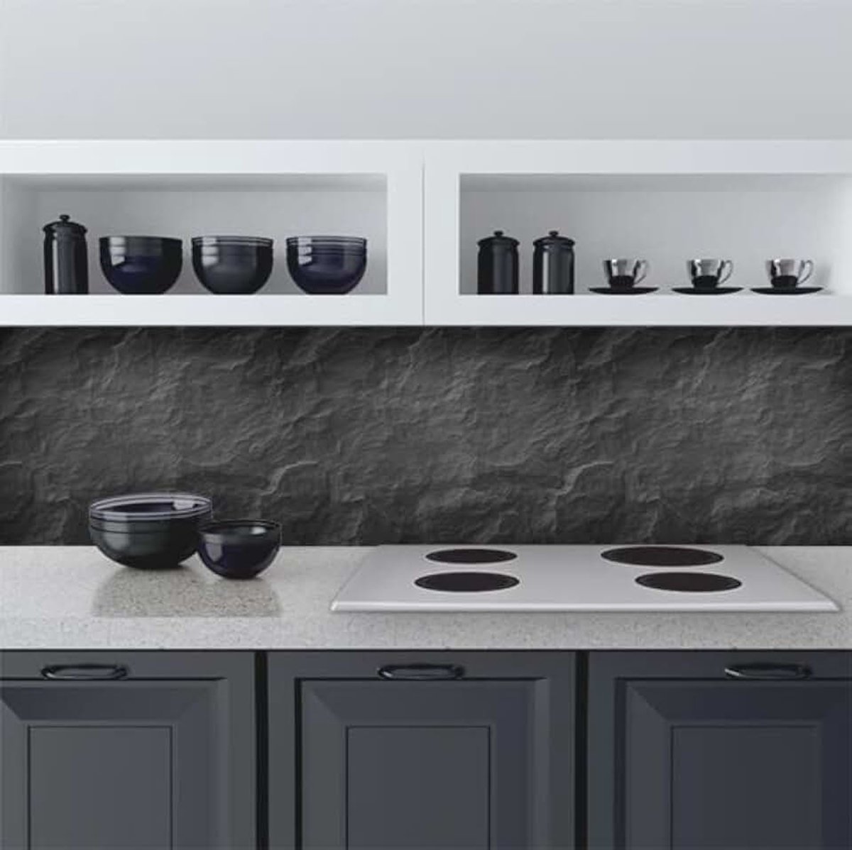 Keuken achterwand Muursticker Eenvoudig aan te brengen Zwarte Steen 260x60cm 100% Made in Italy, vlamvertragend en waterdicht spatbescherming PVC wastafel