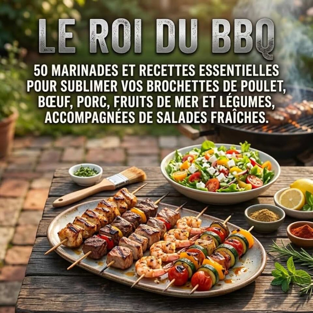 Roi du BBQ: 50 marinades et recettes essentielles pour sublimer vos brochettes de poulet, bœuf, porc, fruits de mer et légumes, accompagnées de salades fraîches.