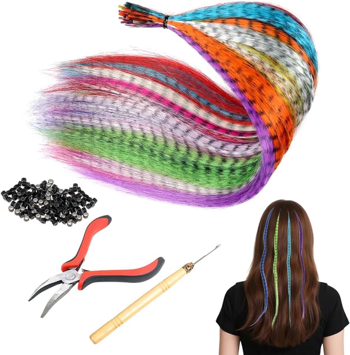 Haarextensies set, 65 stuks kunsthaar extensions haarstrengen met 100 siliconenringen, tang en haken, haarstrengen om vast te klikken haarextensies voor meisjes en dames